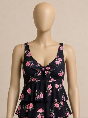 Girls black Floral Tiered Ruffle Swim Top - Pink Blossom Print